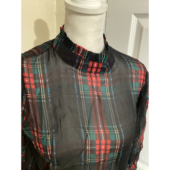 J. Crew Ruffleneck Top in Stuart Tartan Chiffon Blouse XXS Plaid - Picture 2 of 7
